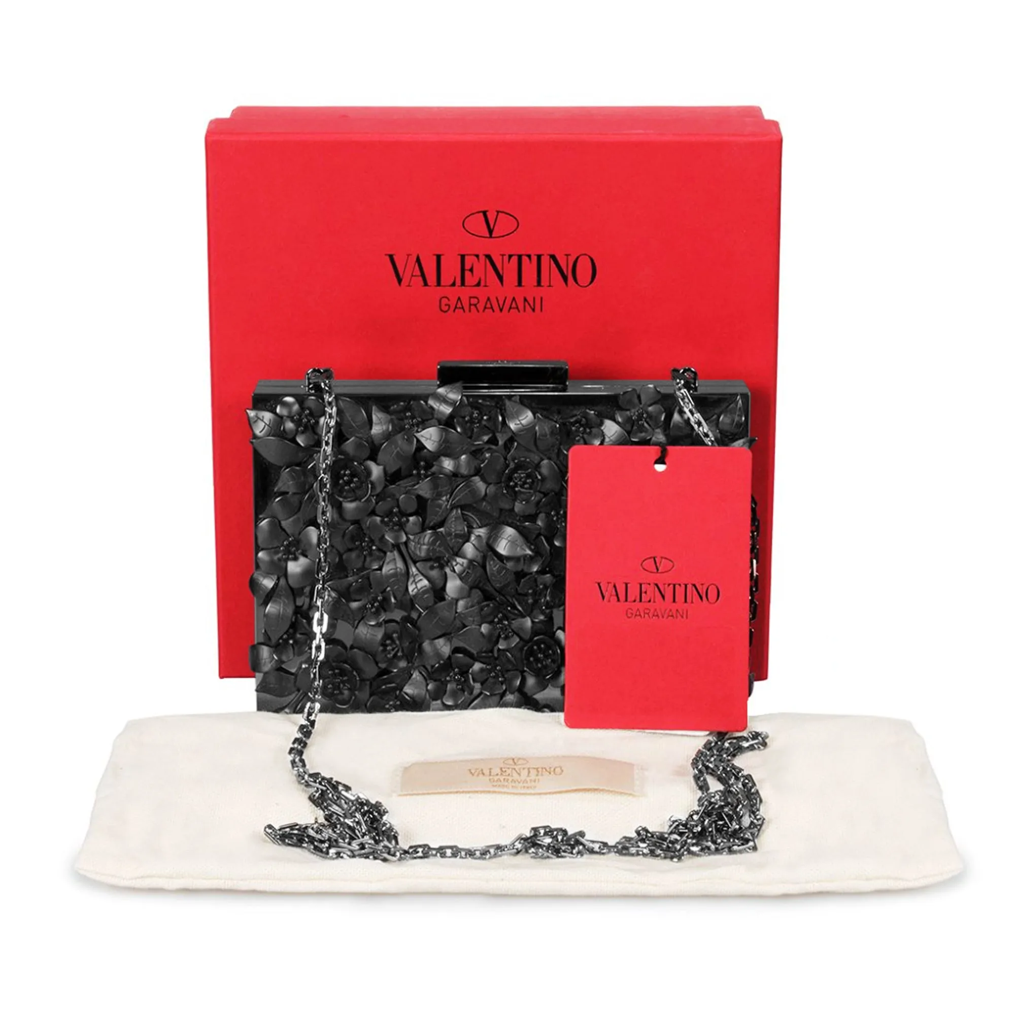 Valentino Appliqué Flowers Minaudiere in Black Metal