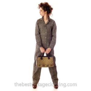 Vintage Brown Canvas/Vinyl Satchel Purse RR Monogram Print 1970S