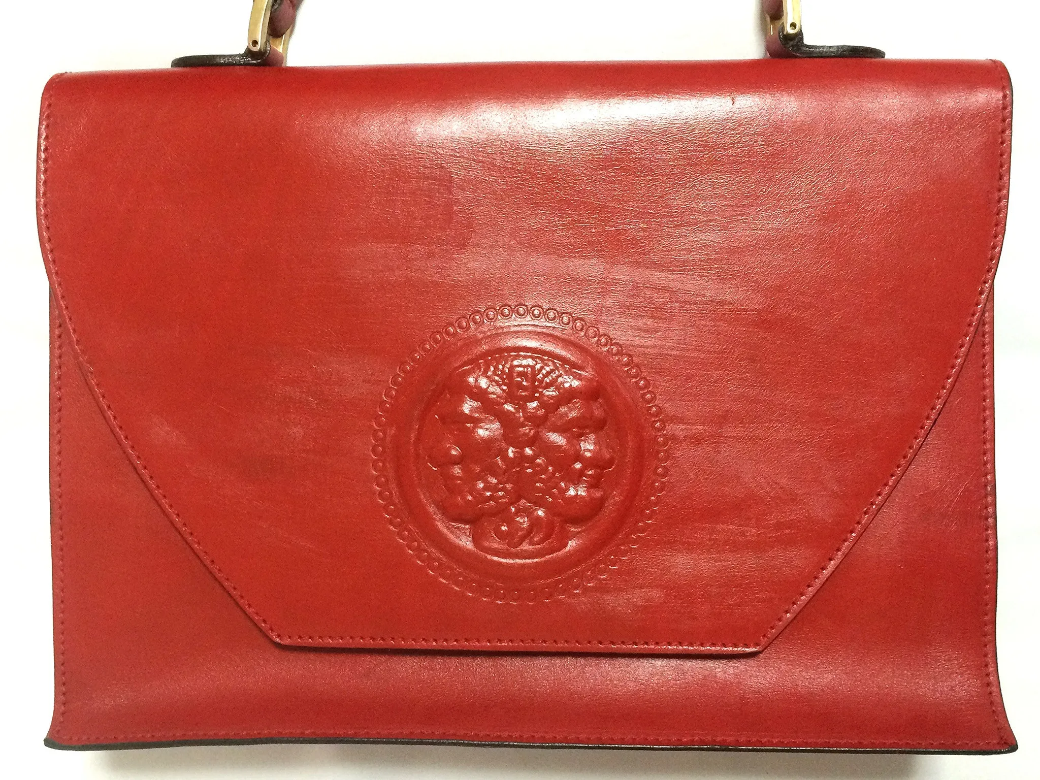 Vintage FENDI genuine red leather classic handbag with iconic Janus medallion embossed motif at front. 050628ya1