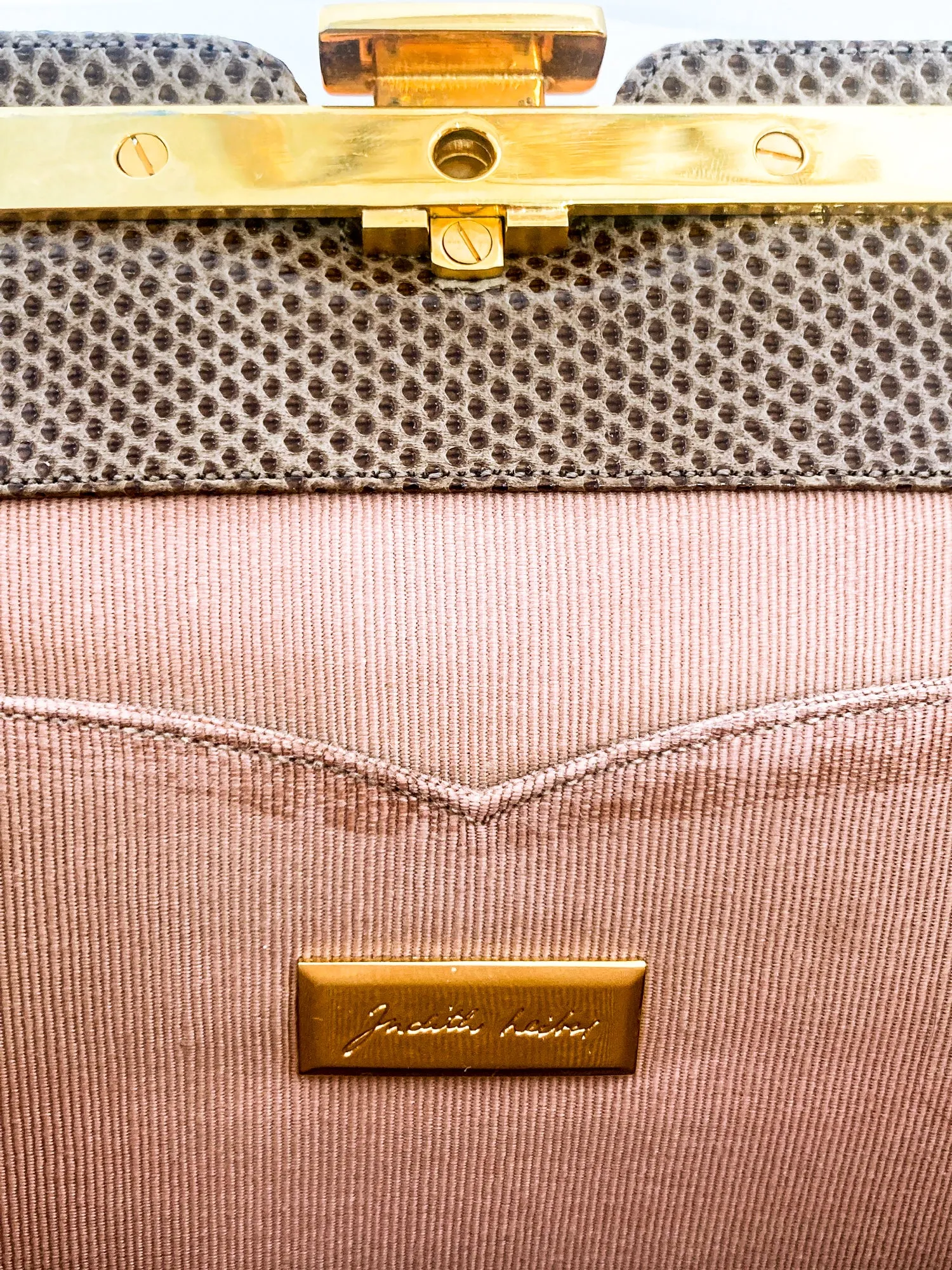 Vintage Judith Leiber Horn Lizard Leather Beige Handbag Clutch Crossbody Purse