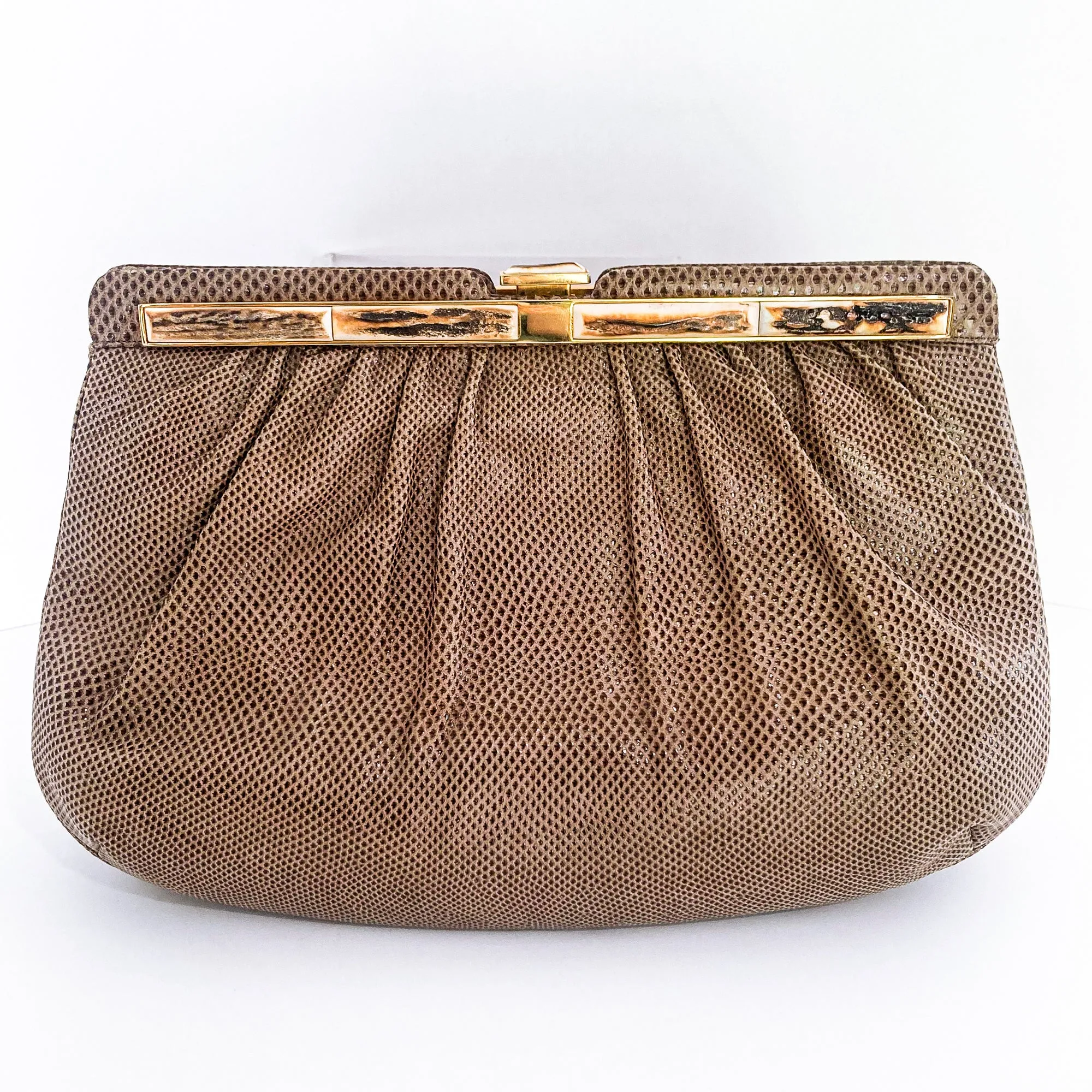 Vintage Judith Leiber Horn Lizard Leather Beige Handbag Clutch Crossbody Purse