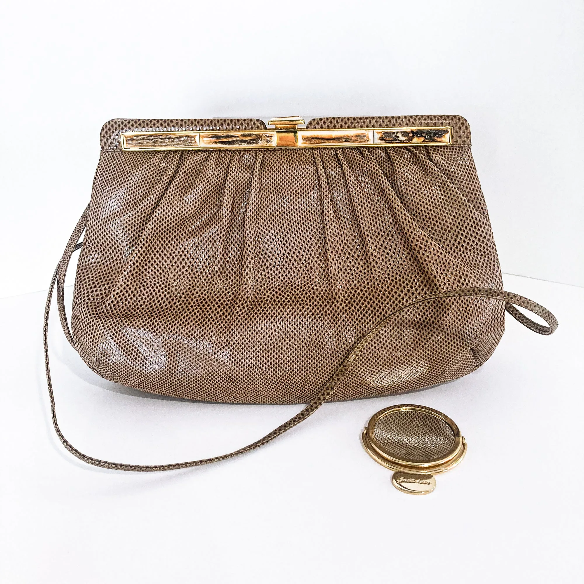 Vintage Judith Leiber Horn Lizard Leather Beige Handbag Clutch Crossbody Purse