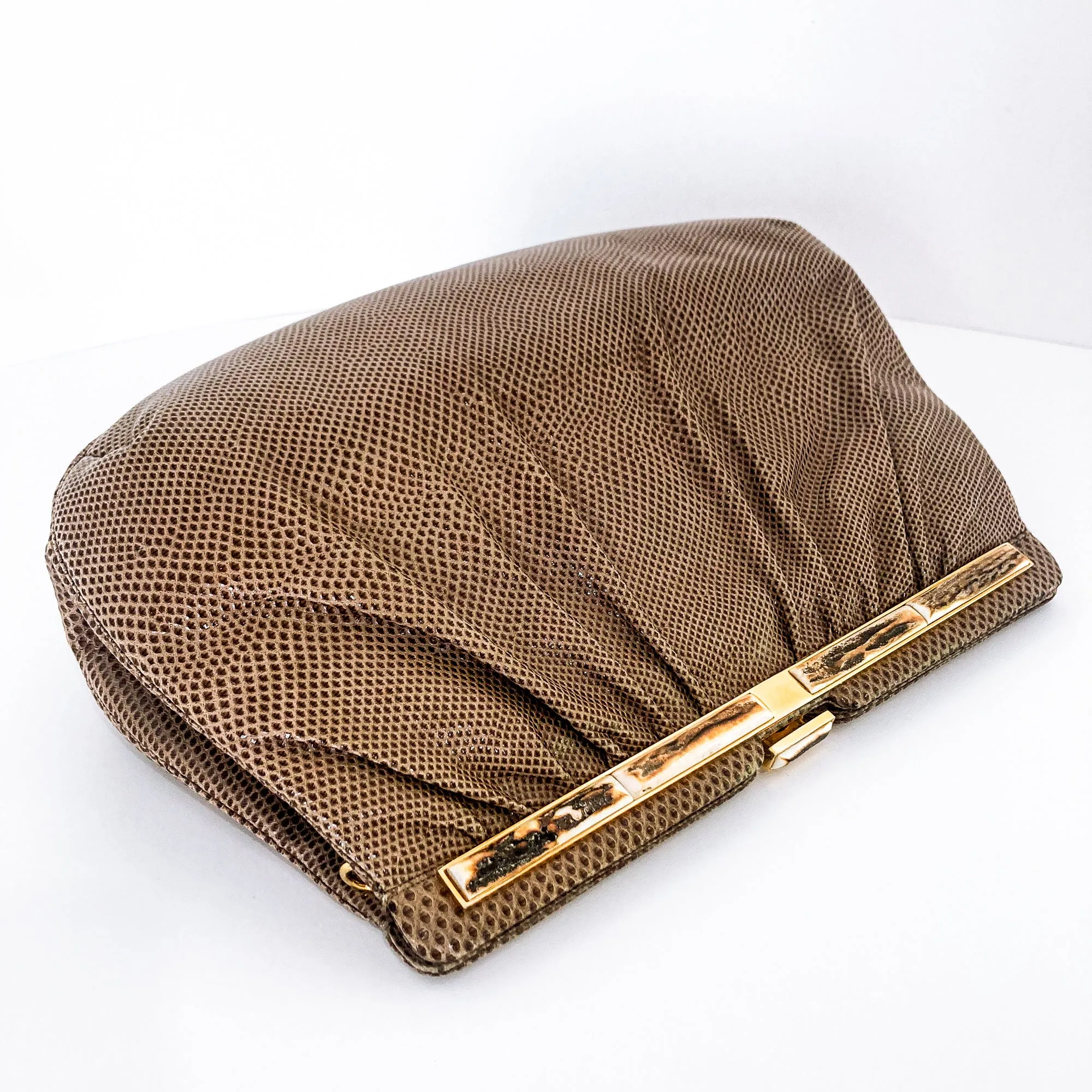 Vintage Judith Leiber Horn Lizard Leather Beige Handbag Clutch Crossbody Purse