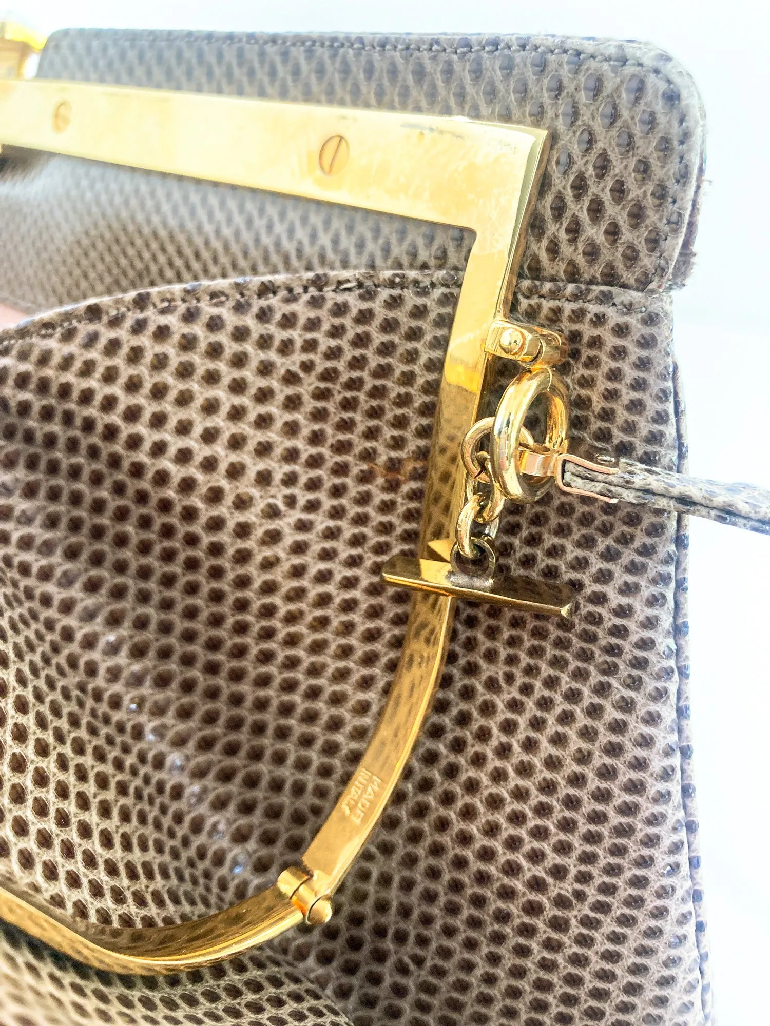 Vintage Judith Leiber Horn Lizard Leather Beige Handbag Clutch Crossbody Purse