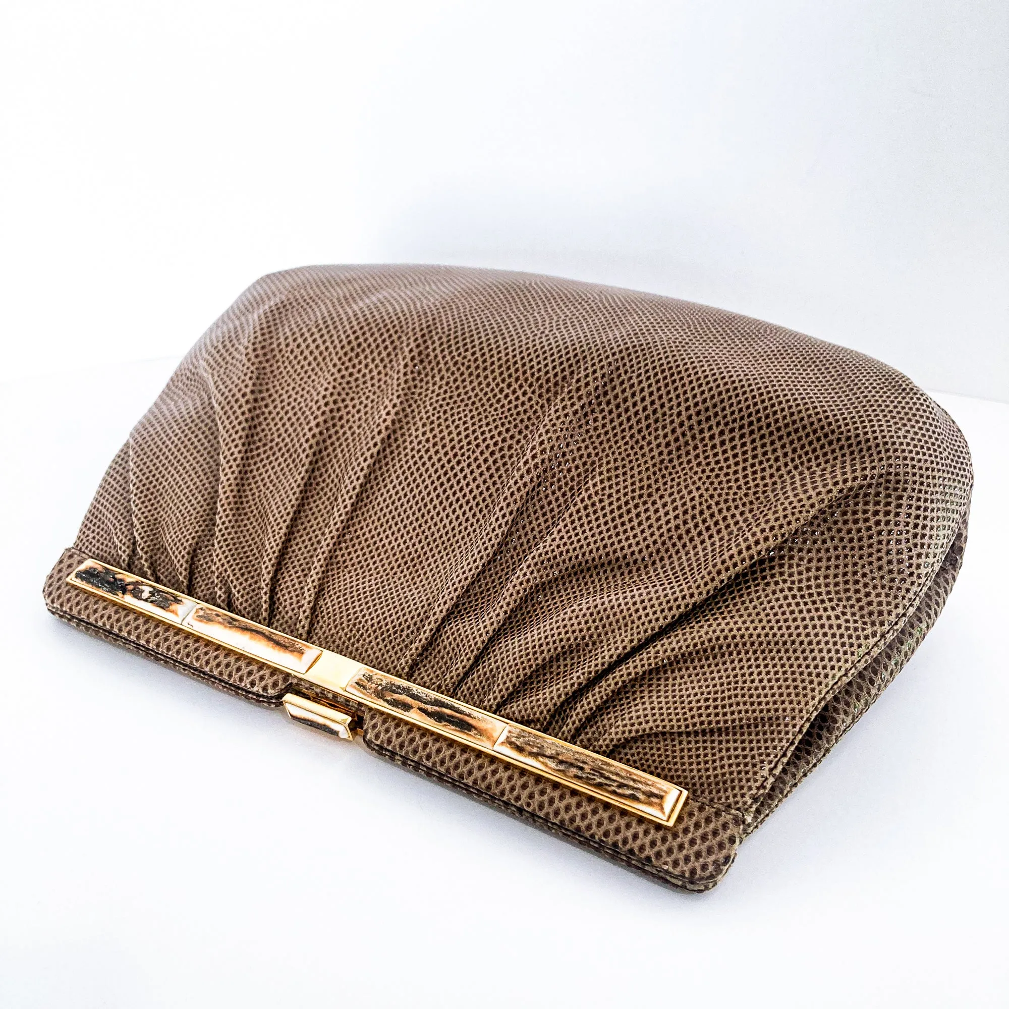 Vintage Judith Leiber Horn Lizard Leather Beige Handbag Clutch Crossbody Purse
