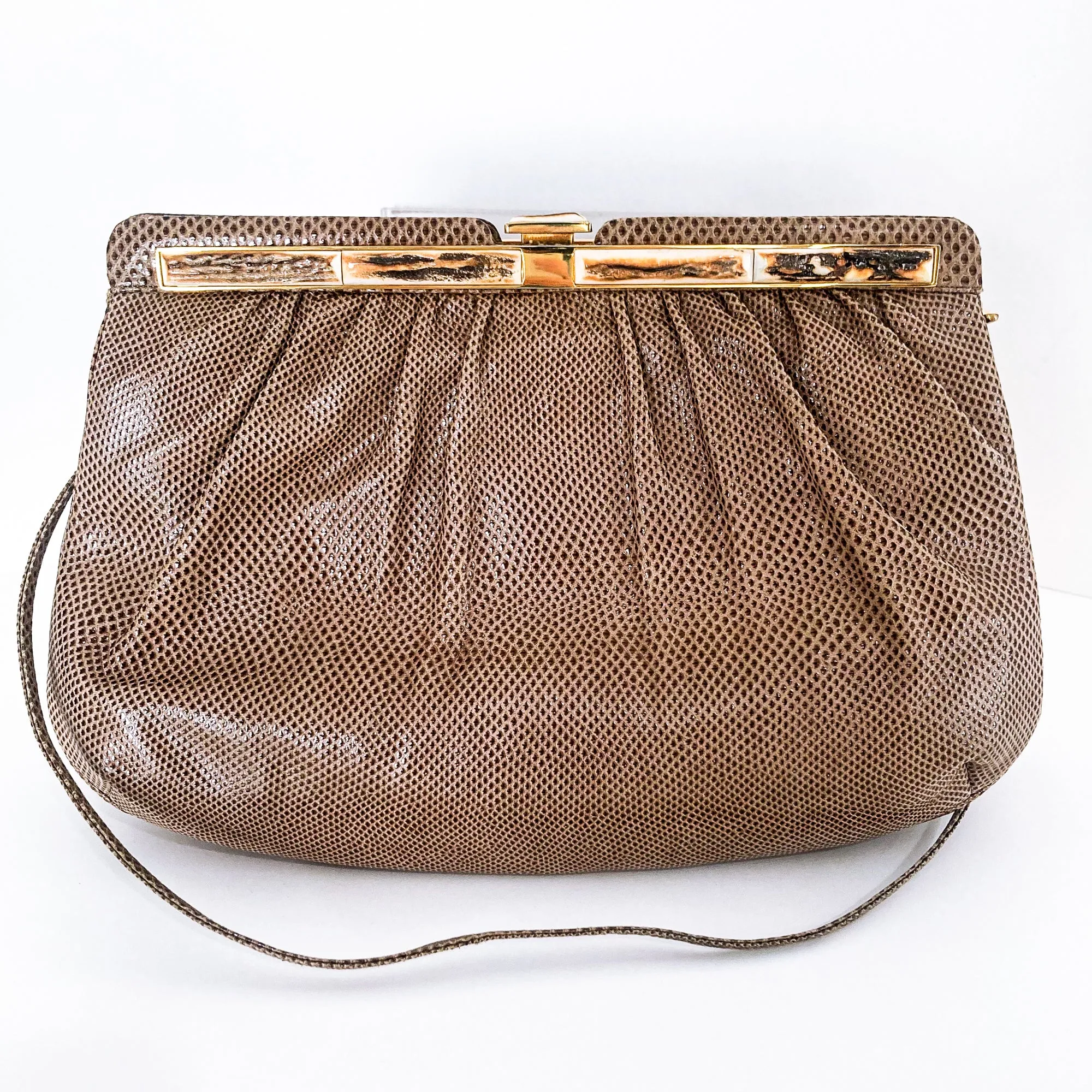 Vintage Judith Leiber Horn Lizard Leather Beige Handbag Clutch Crossbody Purse