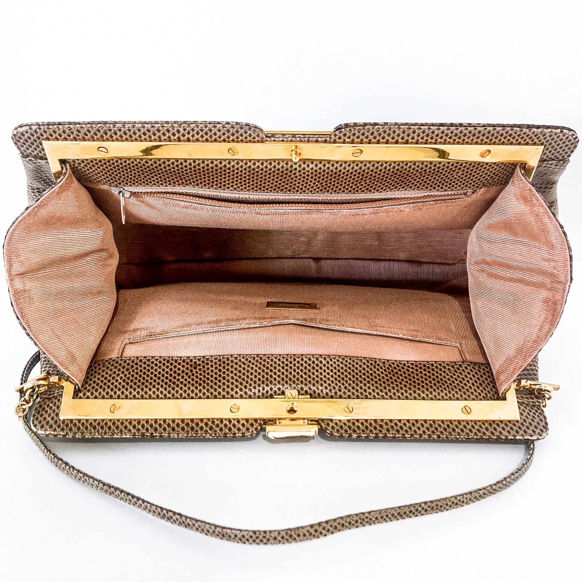 Vintage Judith Leiber Horn Lizard Leather Beige Handbag Clutch Crossbody Purse