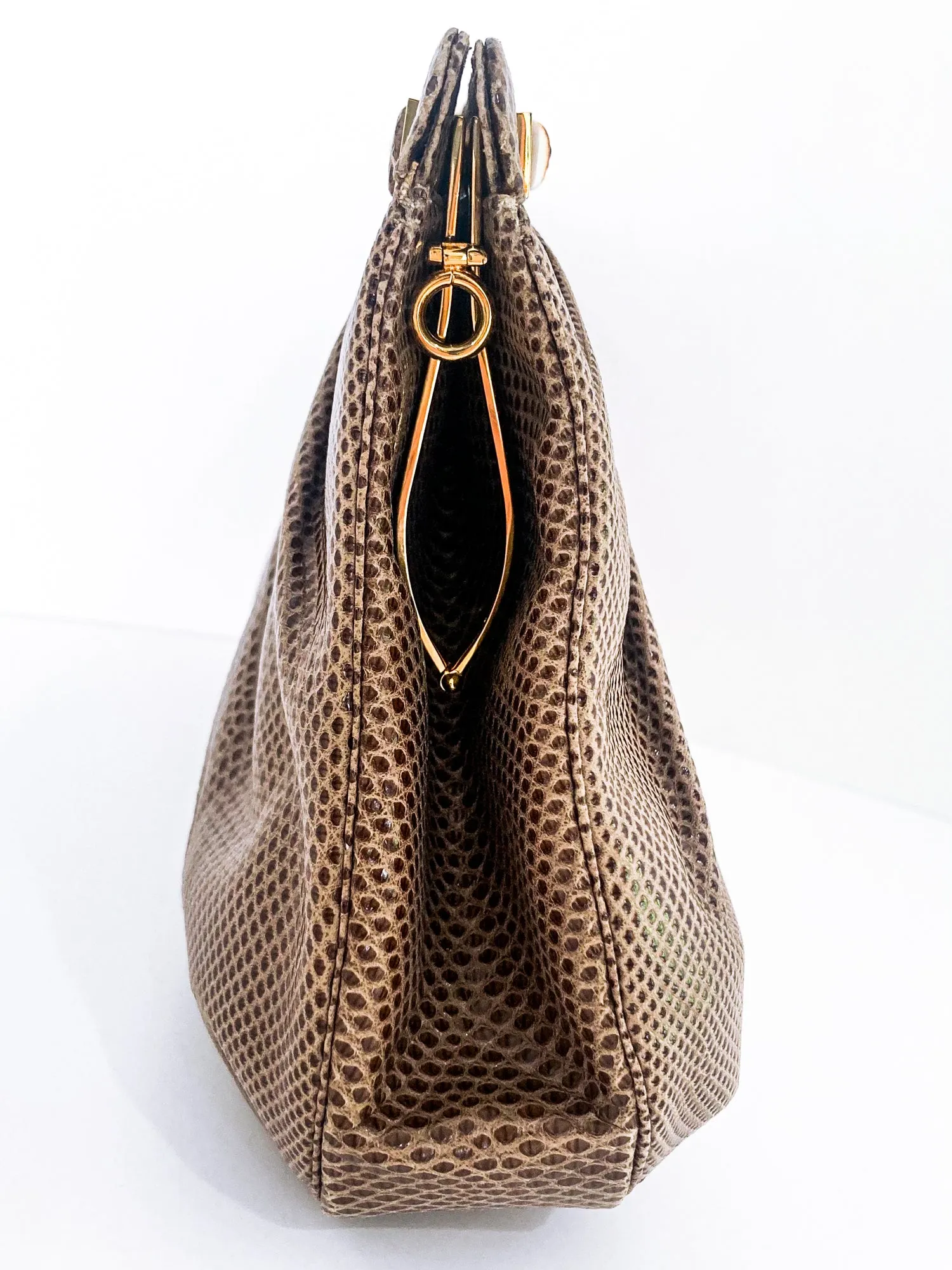Vintage Judith Leiber Horn Lizard Leather Beige Handbag Clutch Crossbody Purse