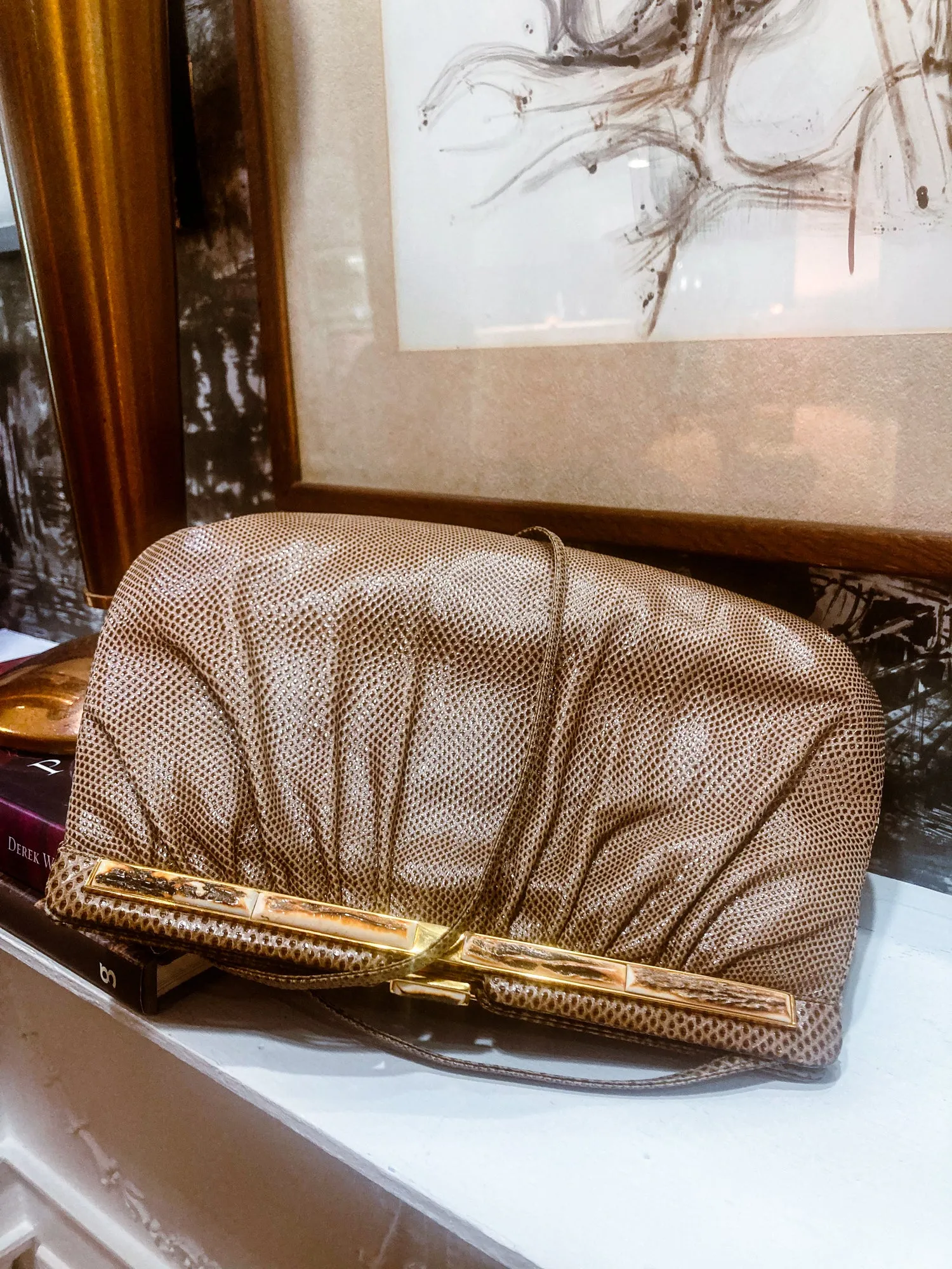 Vintage Judith Leiber Horn Lizard Leather Beige Handbag Clutch Crossbody Purse