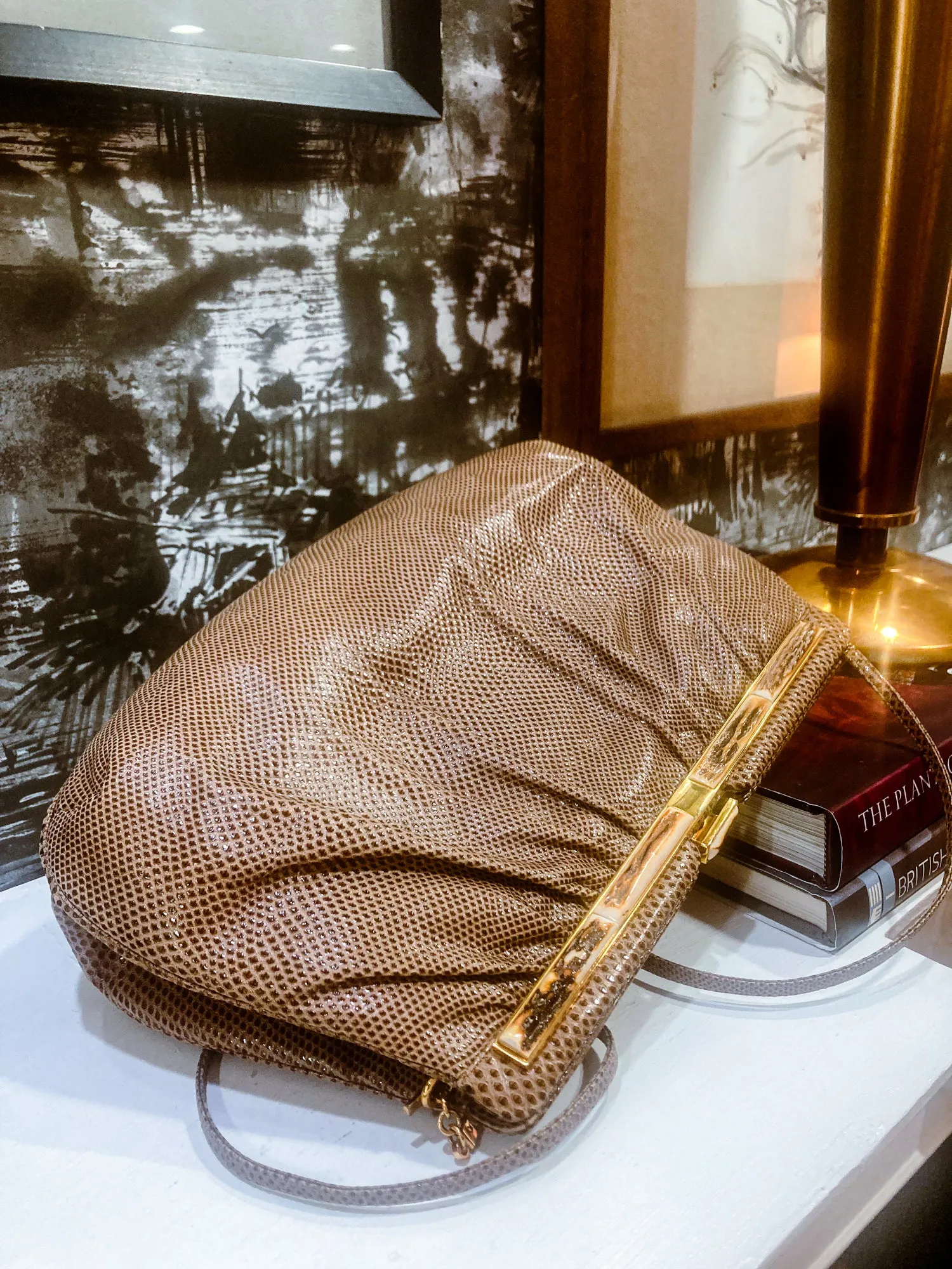 Vintage Judith Leiber Horn Lizard Leather Beige Handbag Clutch Crossbody Purse