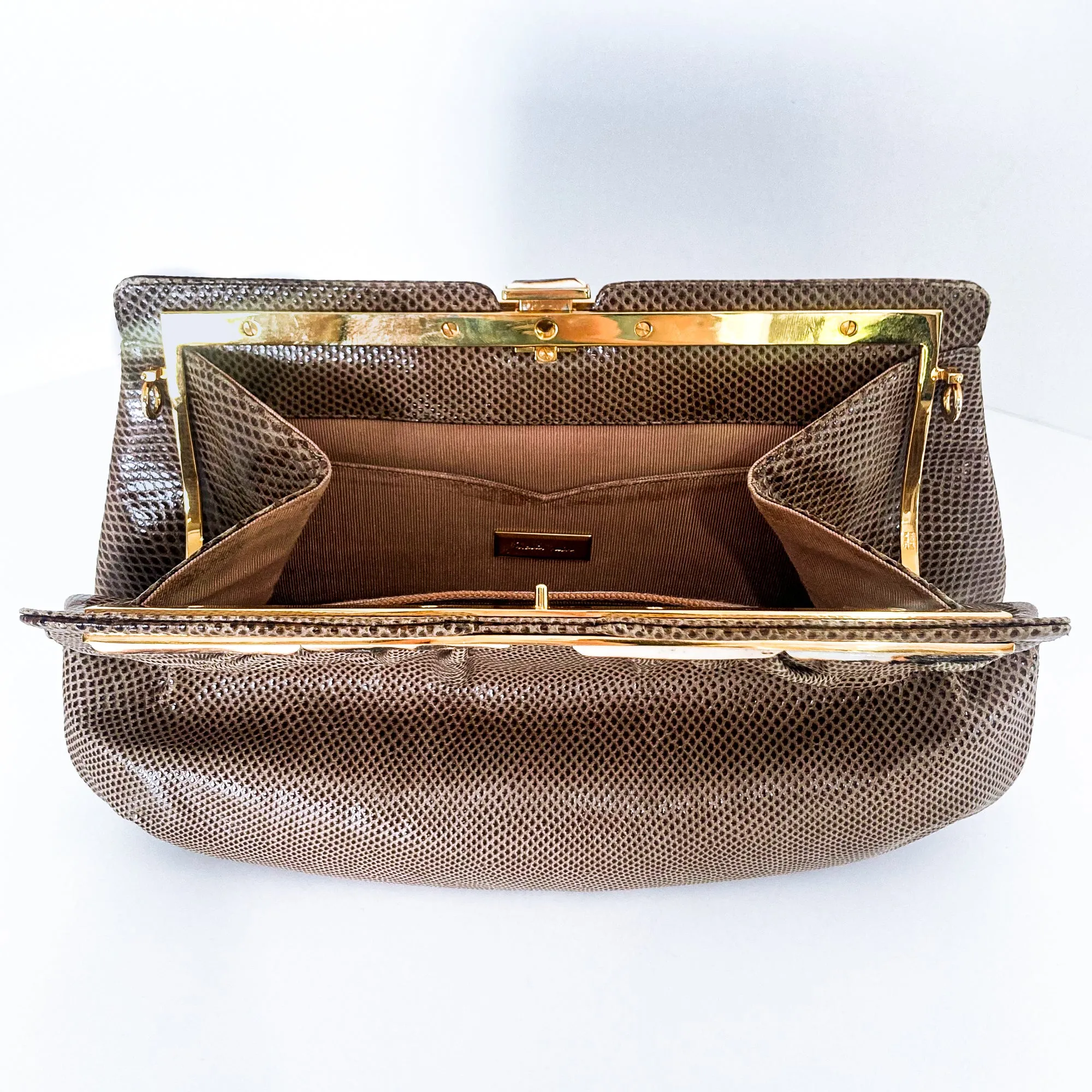 Vintage Judith Leiber Horn Lizard Leather Beige Handbag Clutch Crossbody Purse