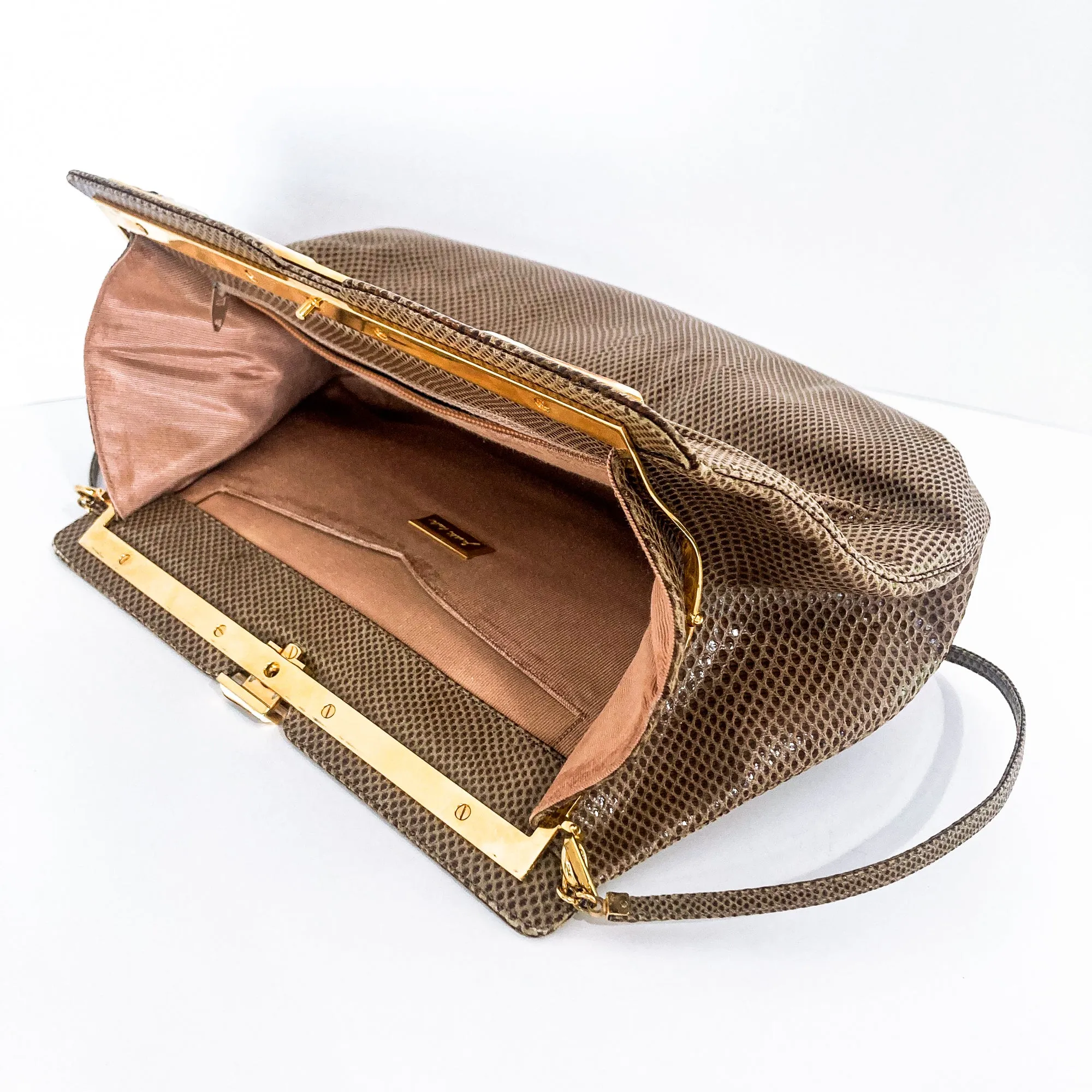 Vintage Judith Leiber Horn Lizard Leather Beige Handbag Clutch Crossbody Purse