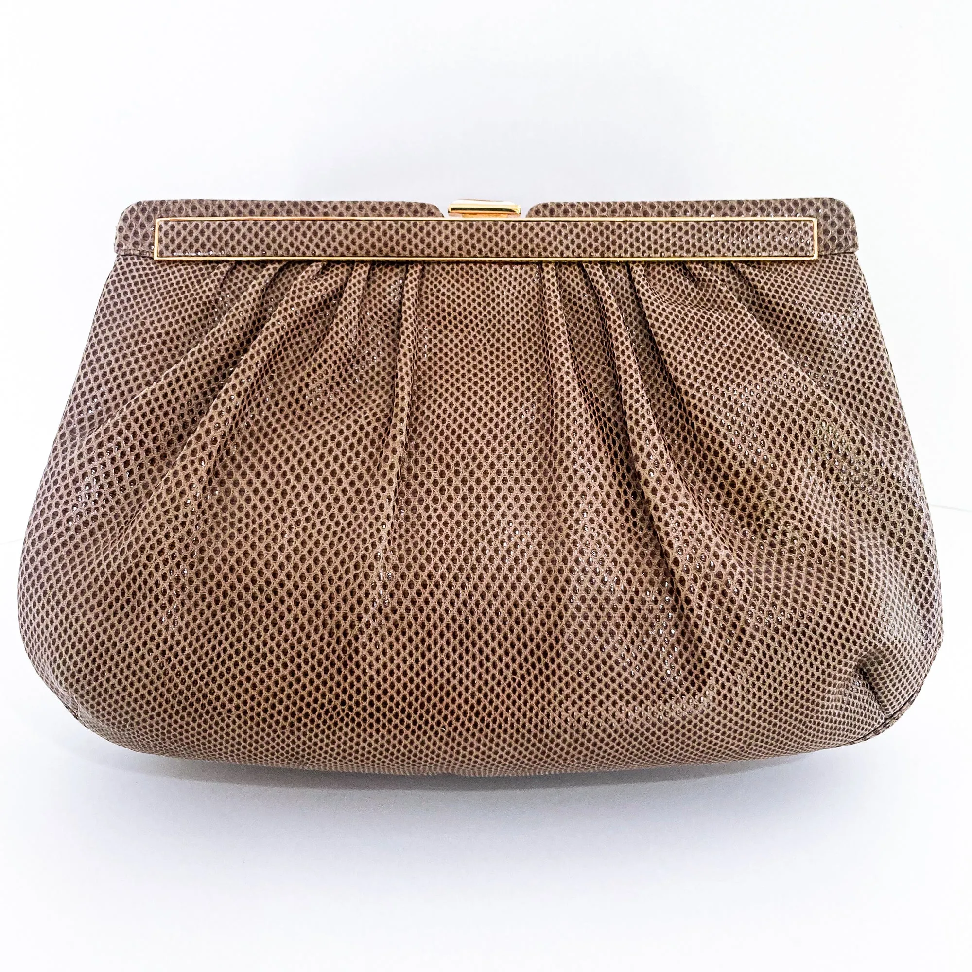 Vintage Judith Leiber Horn Lizard Leather Beige Handbag Clutch Crossbody Purse
