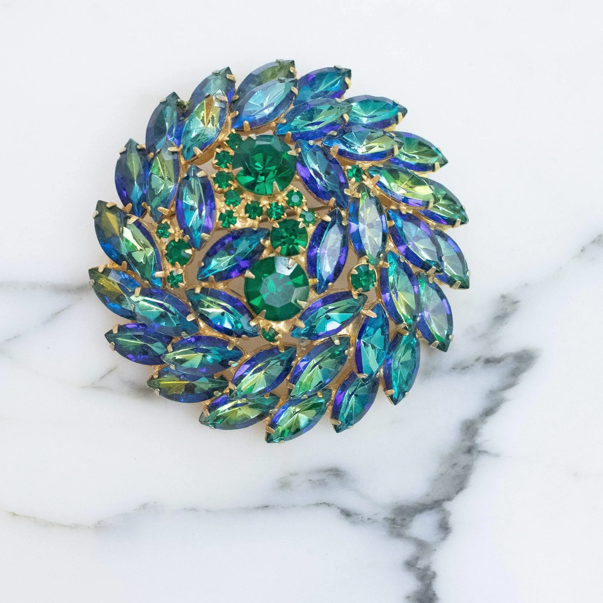 Vintage Juliana Huge Blue Green Rhinestone Medallion Brooch