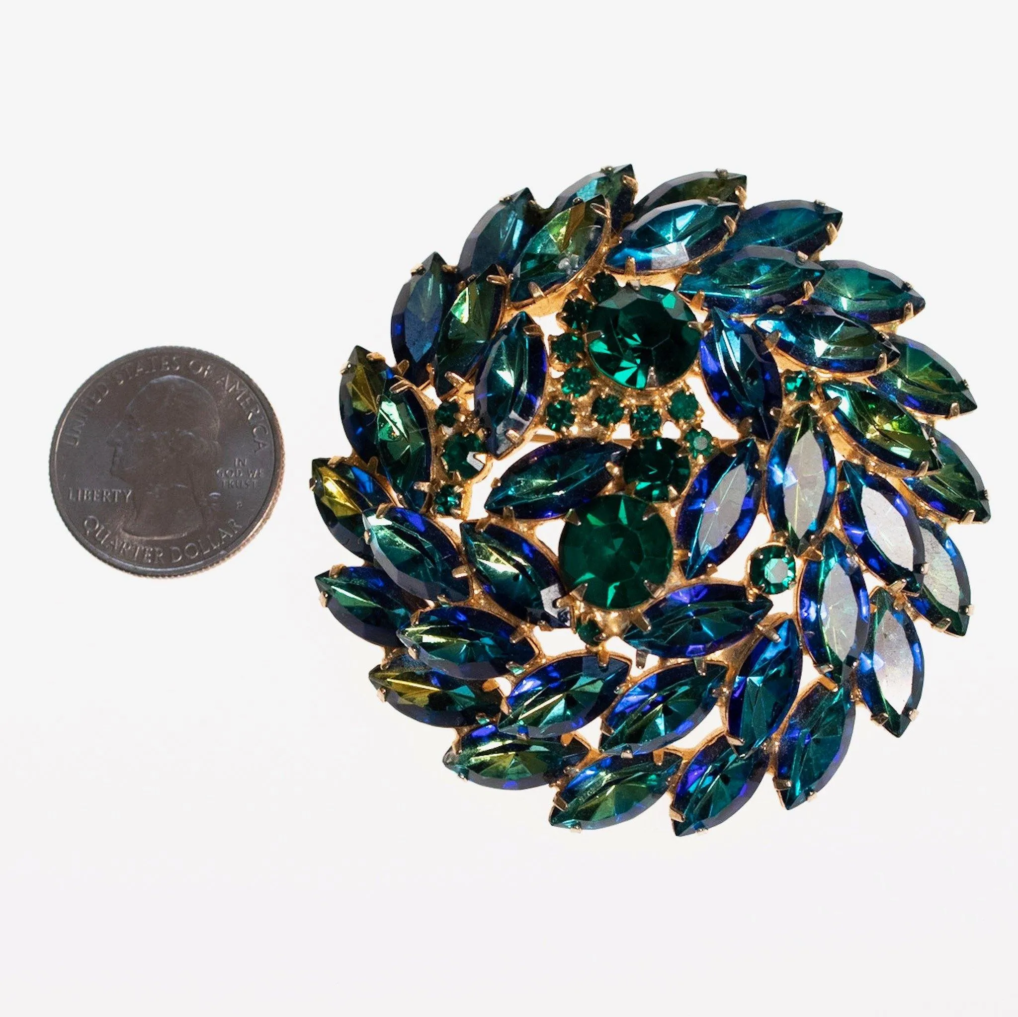 Vintage Juliana Huge Blue Green Rhinestone Medallion Brooch