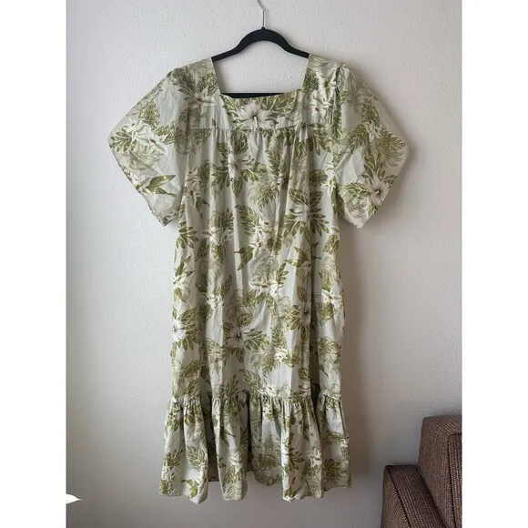 Vtg Winnie Fashion Hawaiian Muumuu Dress Size 2XL Tropical Floral Green Pockets