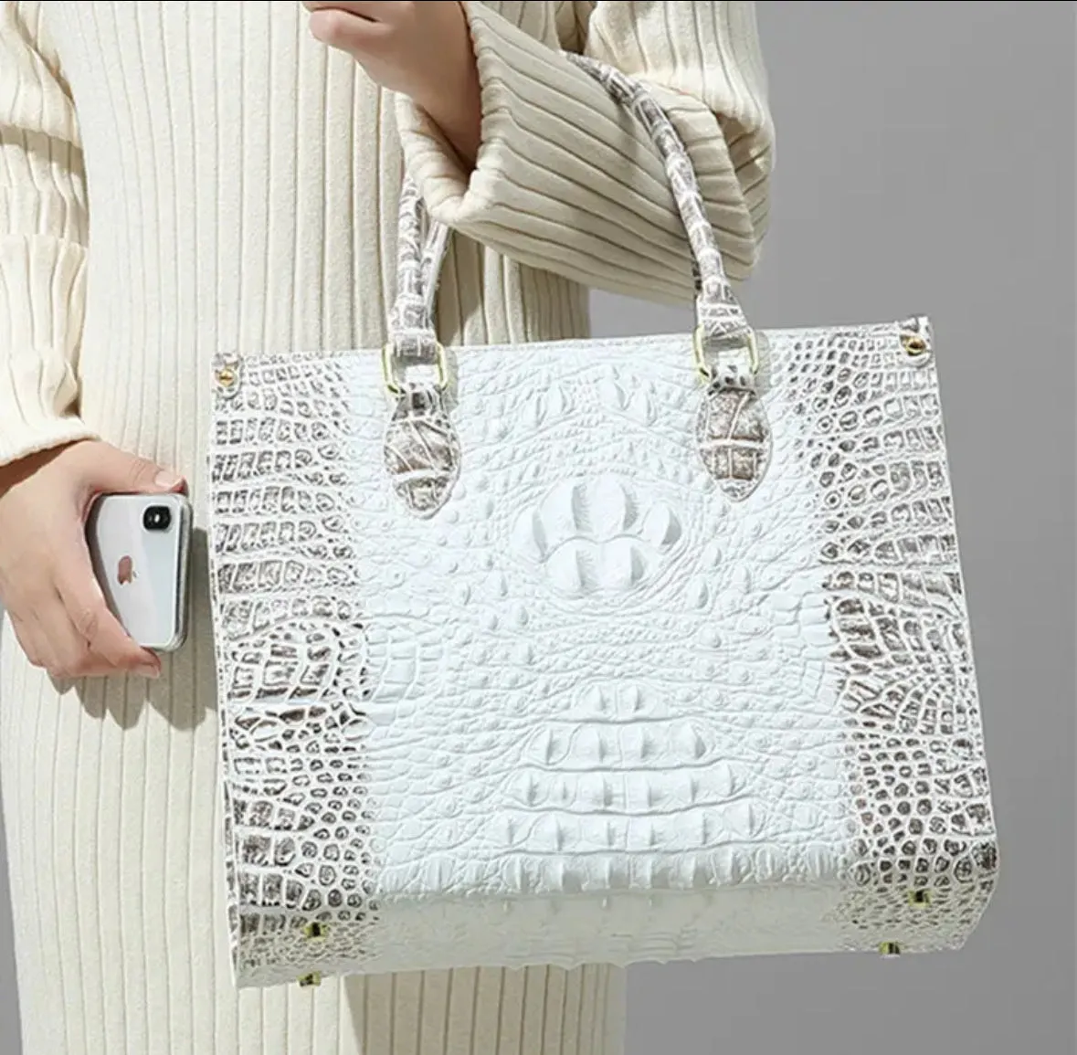White Croc Embossed Tote