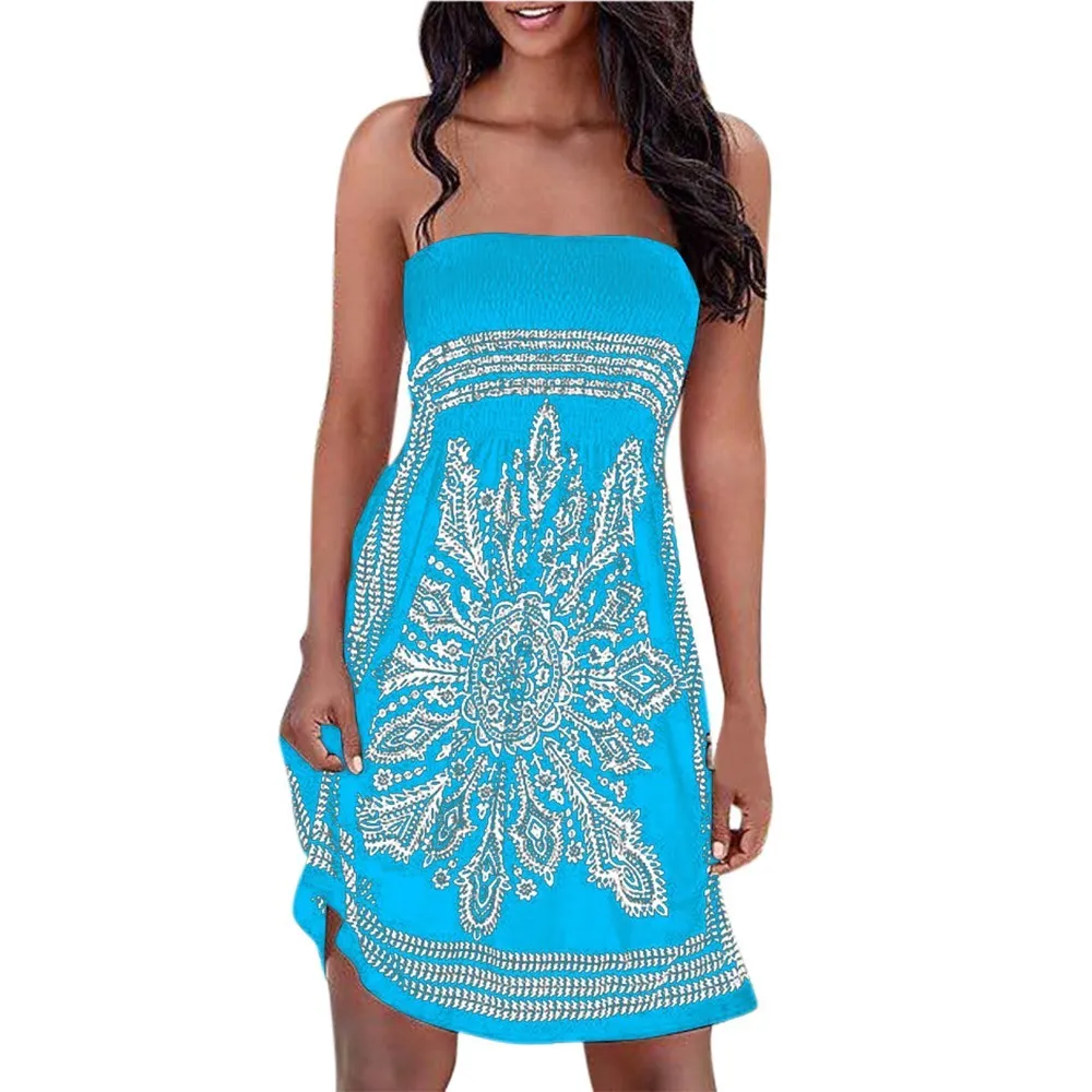 Women Strapless Floral Bohemian Casual Mini Beach Dress Cover-ups Dress