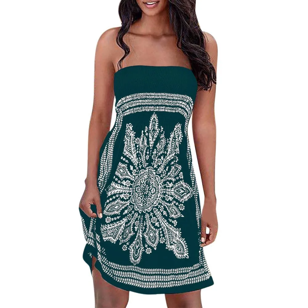 Women Strapless Floral Bohemian Casual Mini Beach Dress Cover-ups Dress