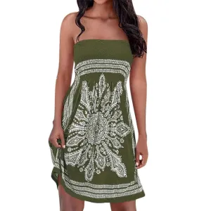 Women Strapless Floral Bohemian Casual Mini Beach Dress Cover-ups Dress