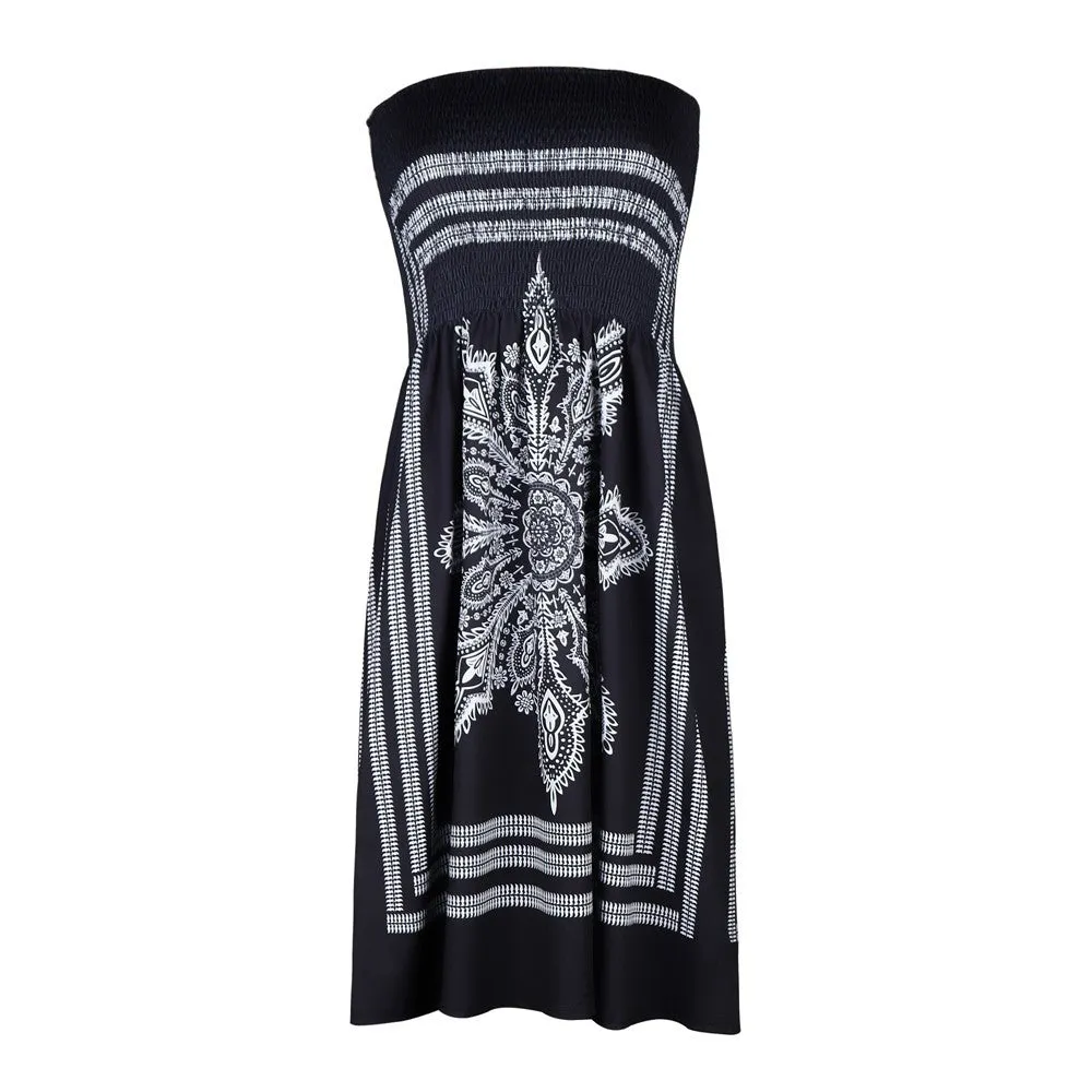 Women Strapless Floral Bohemian Casual Mini Beach Dress Cover-ups Dress