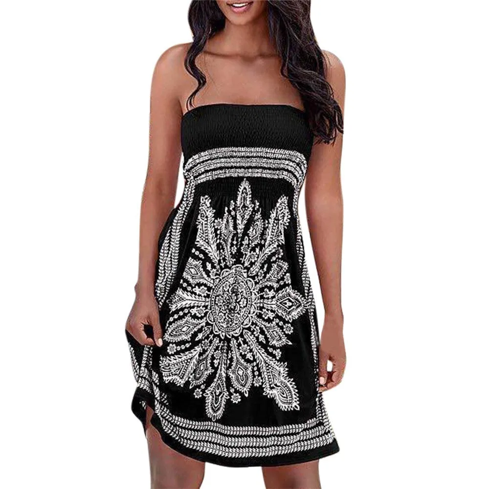 Women Strapless Floral Bohemian Casual Mini Beach Dress Cover-ups Dress
