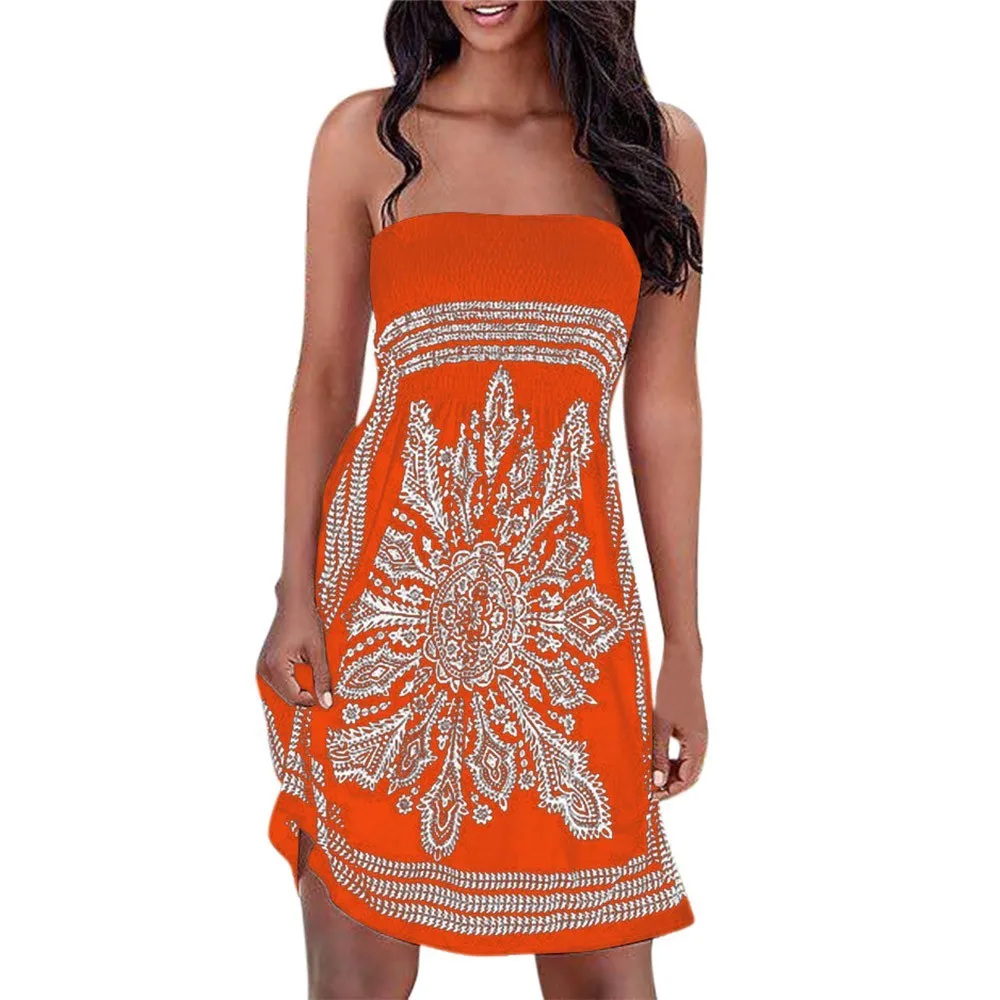 Women Strapless Floral Bohemian Casual Mini Beach Dress Cover-ups Dress
