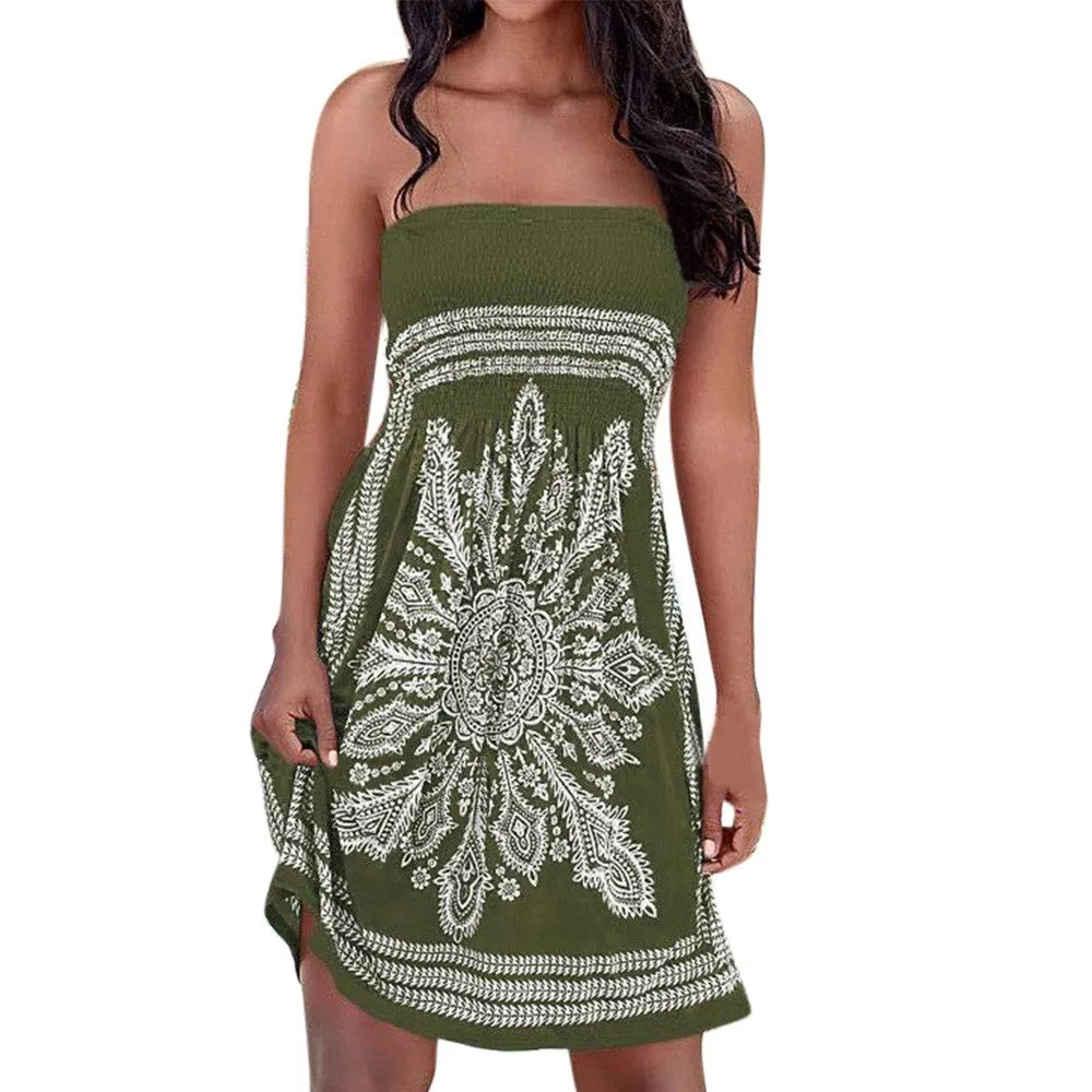 Women Strapless Floral Bohemian Casual Mini Beach Dress Cover-ups Dress