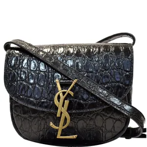 YVES SAINT LAURENT Kaia Small Crocodile Embossed Leather Satchel Bag Black