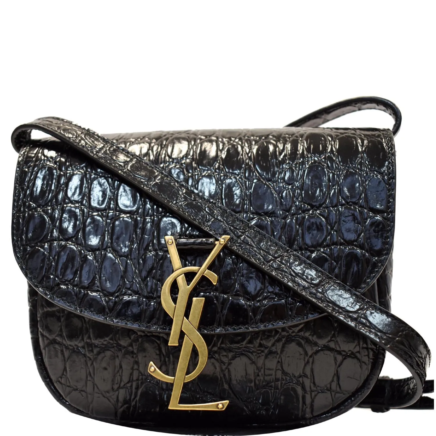 YVES SAINT LAURENT Kaia Small Crocodile Embossed Leather Satchel Bag Black