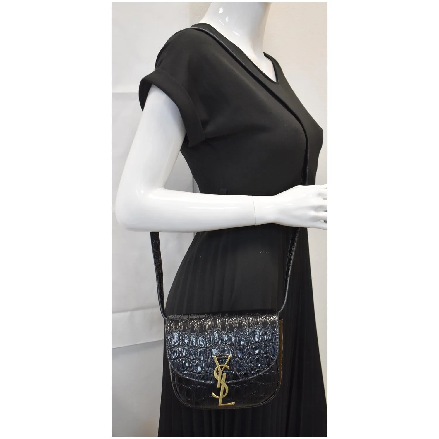 YVES SAINT LAURENT Kaia Small Crocodile Embossed Leather Satchel Bag Black