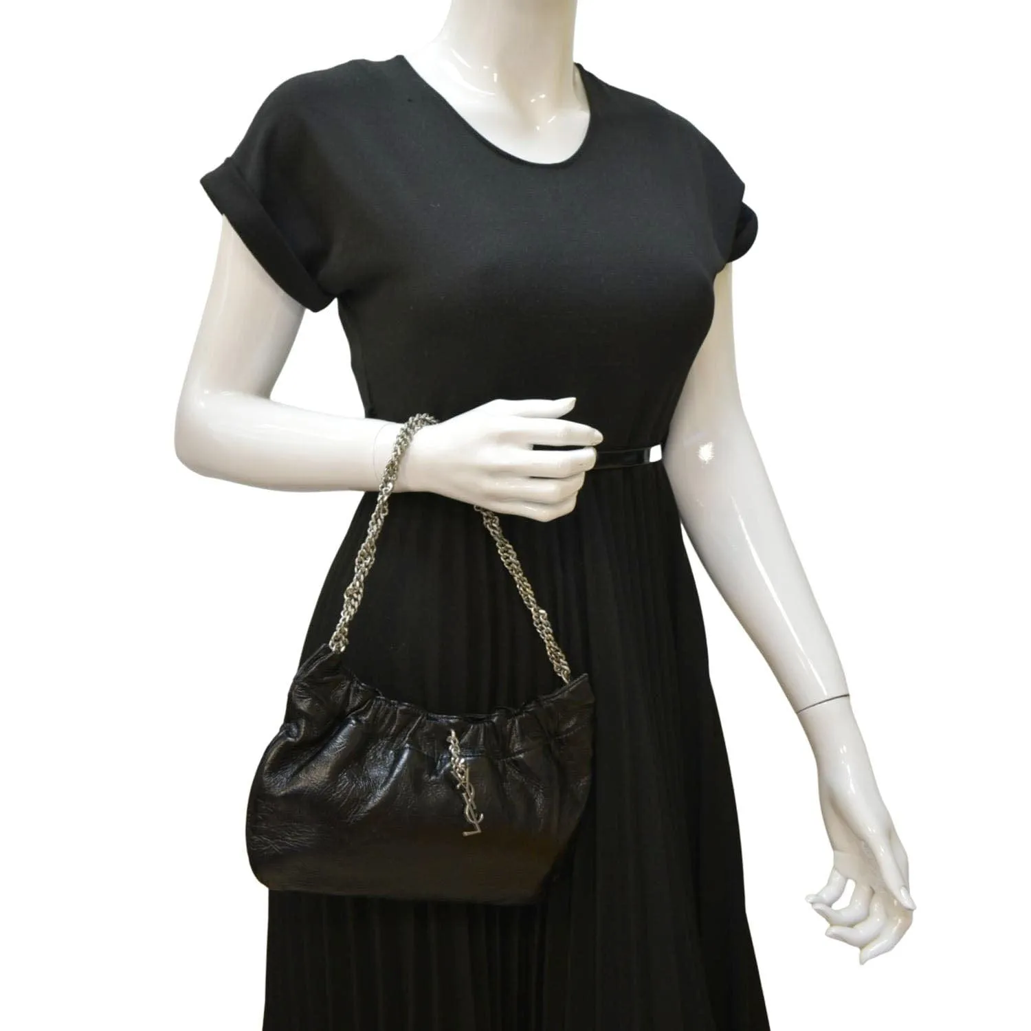 YVES SAINT LAURENT Pac Pac Ruched Leather Hobo Bag Black